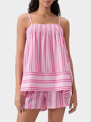 Pink striped cami and shorts set with smocked neckline and banded hem.