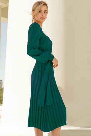 Deep Teal belted pleated knit midi dress with long sleeves and a tie waist.