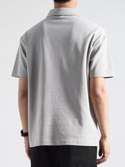 Men's light gray cotton zippered casual polo shirt, back view