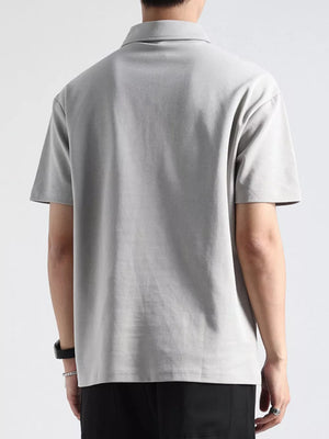 Men's light gray cotton zippered casual polo shirt, back view
