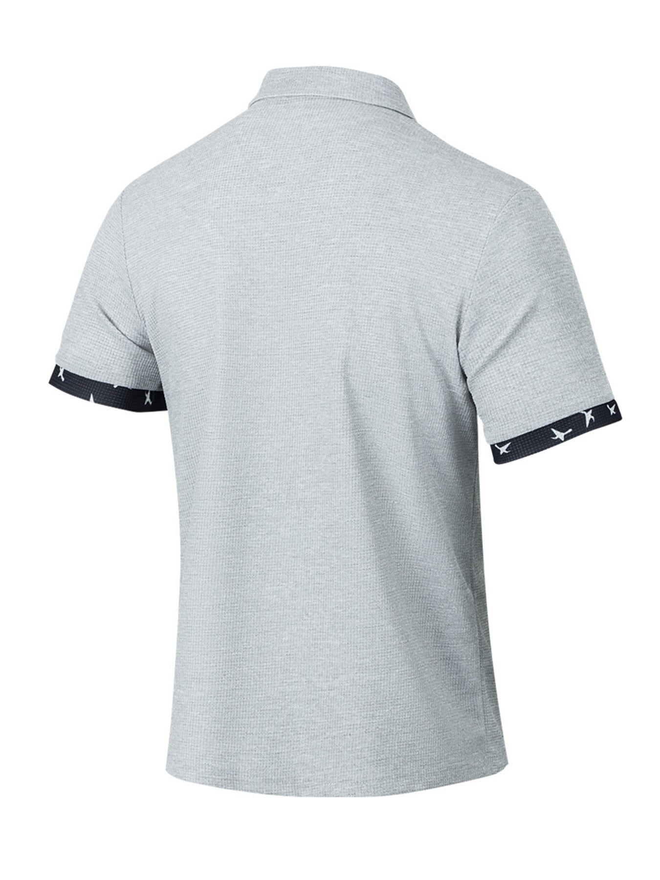 Grey waffle textured short sleeve polo shirt with bird print trim on sleeves