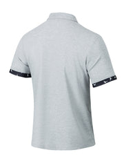 Grey waffle textured short sleeve polo shirt with bird print trim on sleeves