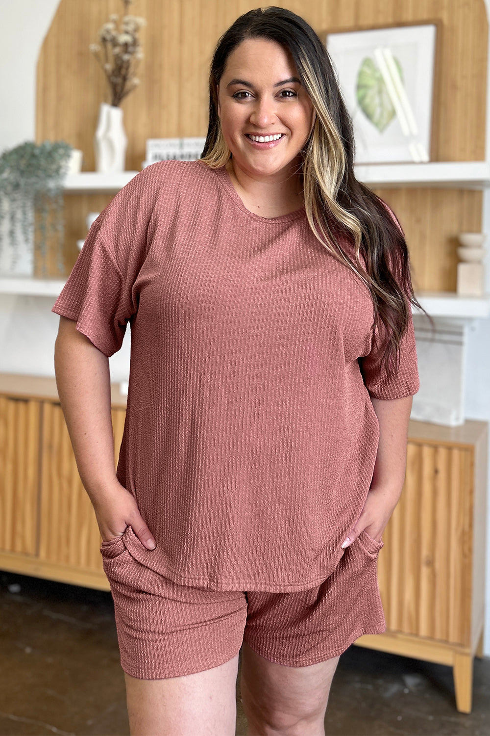 Light Mauve ribbed knit outfit set with short sleeve top and shorts.