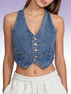 Light blue denim cropped button-down vest with V-neck and silver buttons.