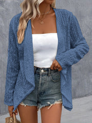 Dusty Blue open-weave cardigan with draped front and long sleeves.
