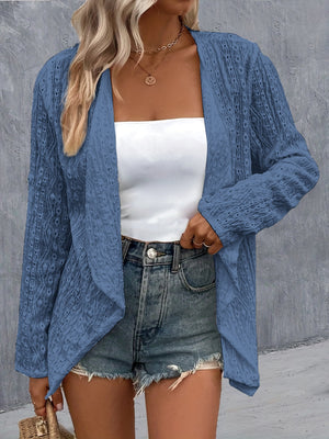 Dusty Blue open-weave cardigan with draped front and long sleeves.