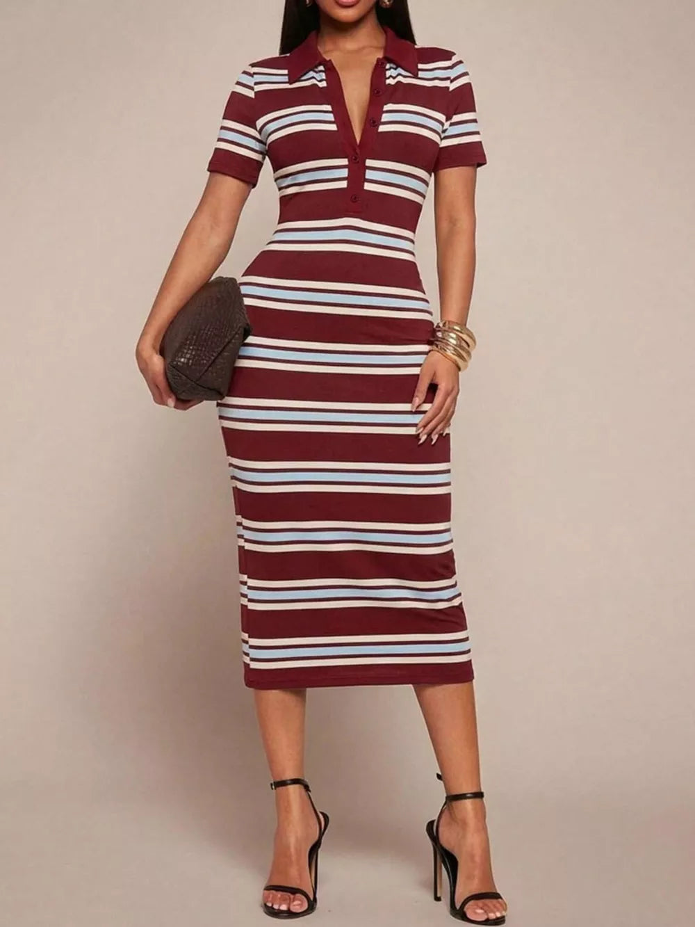 Chic striped polo midi dress in burgundy with white and light blue stripes, buttoned neckline, short sleeves, and bodycon