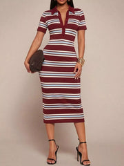 Chic striped polo midi dress in burgundy with white and light blue stripes, buttoned neckline, short sleeves, and bodycon