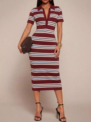 Chic striped polo midi dress in burgundy with white and light blue stripes, buttoned neckline, short sleeves, and bodycon