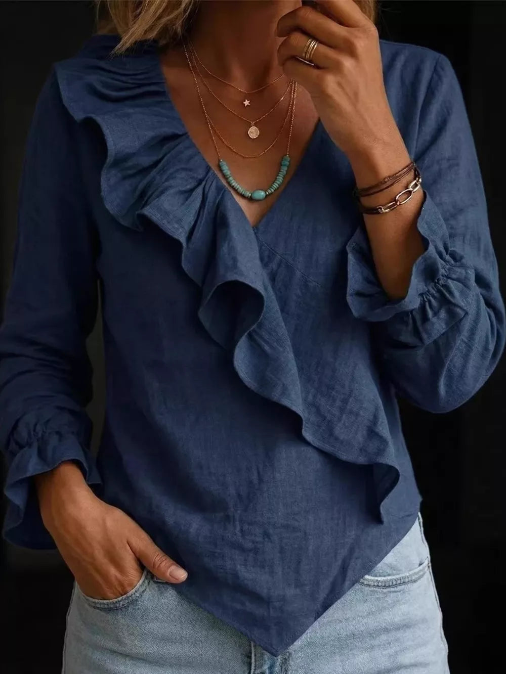 Full Size Ruffled Long Sleeve Blouse, back view