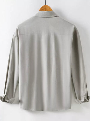 Light gray cotton long sleeve button-up shirt with a classic collar and a back yoke detail.