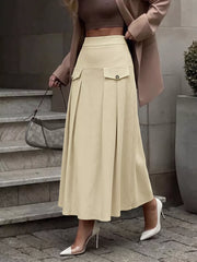 High Waist Pleated Midi Skirt in Khaki, front view