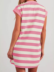 Pink and cream striped mini dress with cap sleeves and a casual cut.