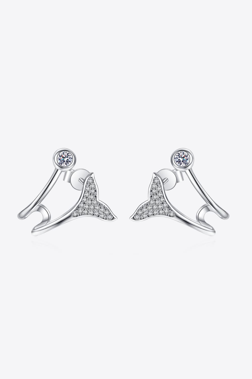 Silver crystal tail stud earrings with a single clear stone accent.