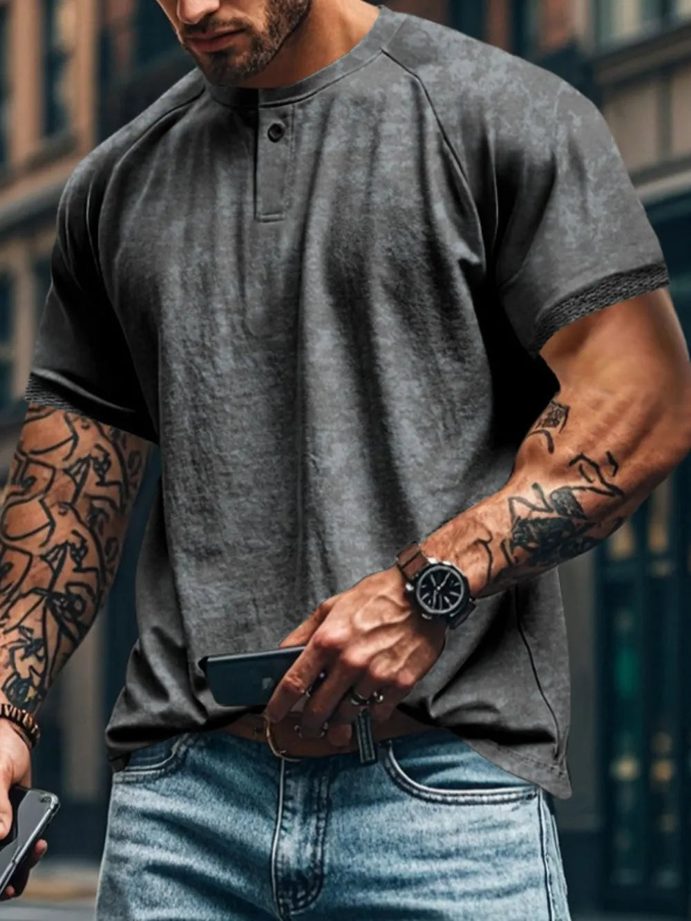 Gray textured henley tee with raglan sleeves and button neck detail