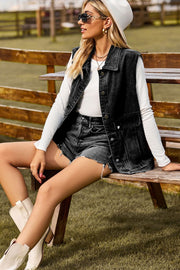 Dark denim utility vest with button front and chest pockets worn by a model.