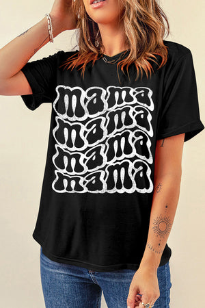Black maternity t-shirt with white groovy "mama" graphic print