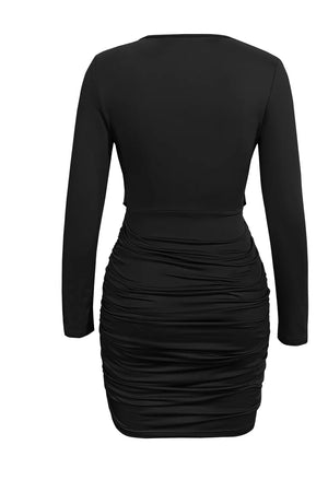 Ruched Cowl Neck Long Sleeve Mini Dress, model styling view