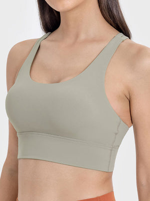 Sage green sports bra with scoop neck and wide band