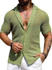 Open-knit resort shirt in Matcha Green with camp collar and short sleeves.