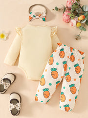 Baby girl's yellow ruffled long sleeve bodysuit and carrot print pants with matching bow headband.