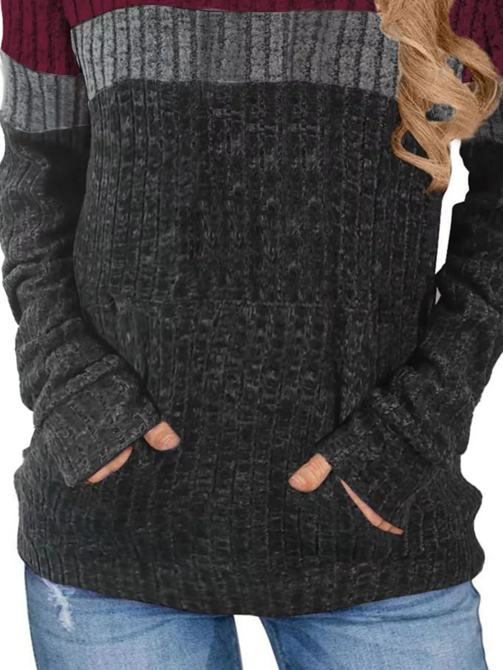 Chic color block ribbed knit sweatshirt in burgundy, gray, and black with thumbholes and a front pocket.