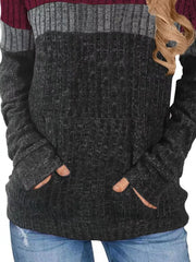 Chic color block ribbed knit sweatshirt in burgundy, gray, and black with thumbholes and a front pocket.