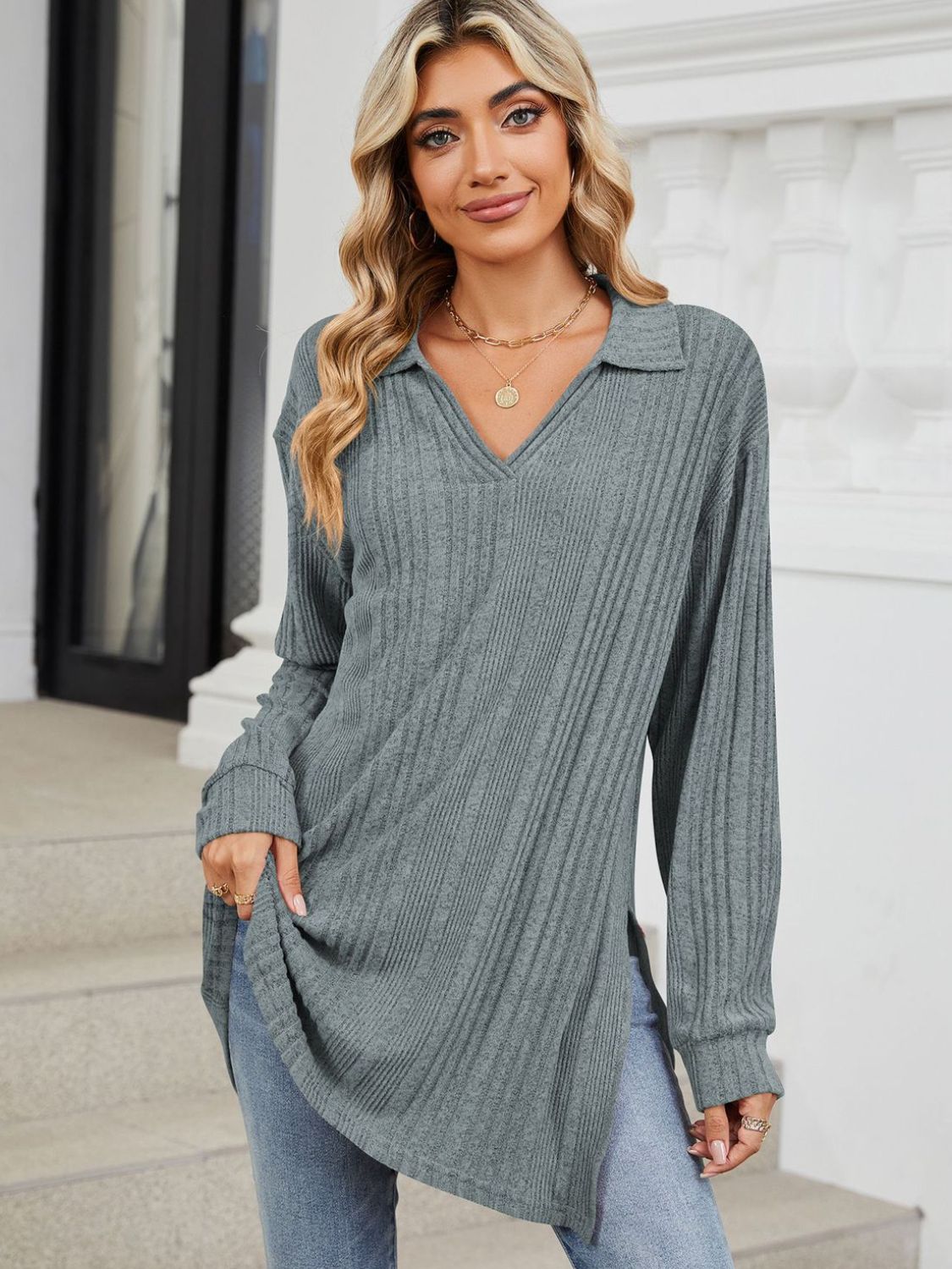 Light Gray ribbed knit collared tunic with long sleeves and slit hem detail.
