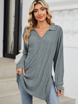 Light Gray ribbed knit collared tunic with long sleeves and slit hem detail.