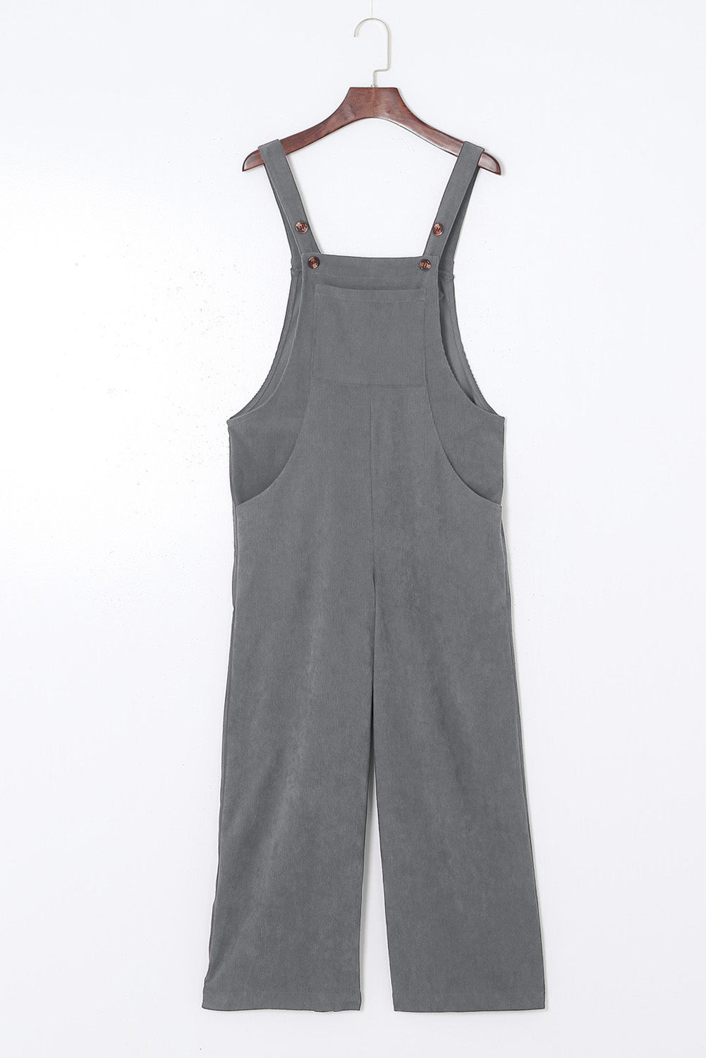 Dark Gray corduroy overalls with wide leg silhouette and buttoned straps.