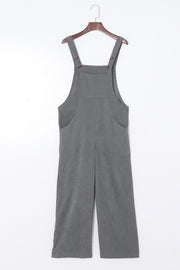 Dark Gray corduroy overalls with wide leg silhouette and buttoned straps.