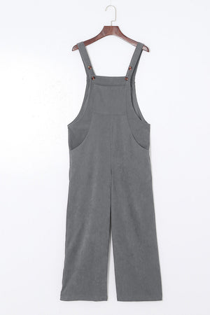 Dark Gray corduroy overalls with wide leg silhouette and buttoned straps.