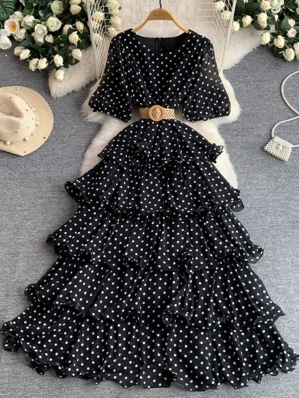 Black polka dot tiered ruffle dress with belt