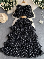 Black polka dot tiered ruffle dress with belt