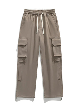 Light brown cargo pants with drawstring waist and multiple pockets.