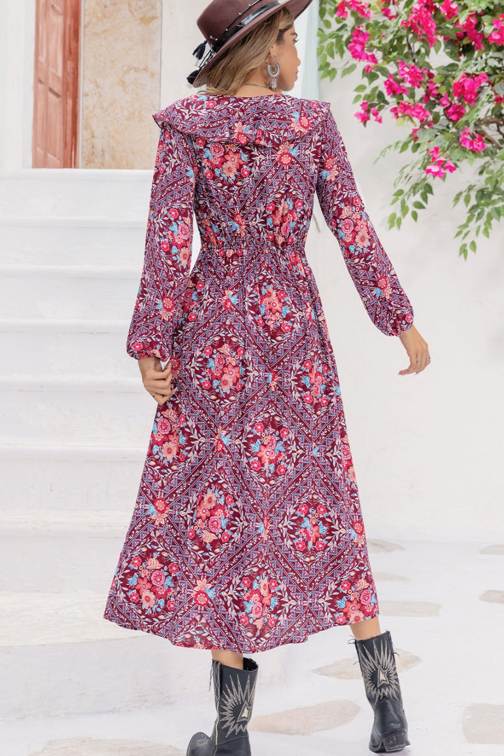 Bohemian purple floral print maxi dress with ruffle collar and smocked waist