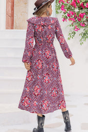 Bohemian purple floral print maxi dress with ruffle collar and smocked waist