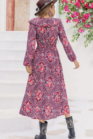 Bohemian purple floral print maxi dress with ruffle collar and smocked waist
