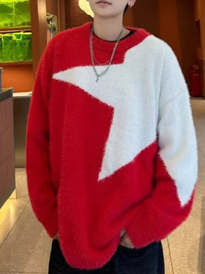 Red and white geometric fuzzy knit sweater for men, crew neck, casual style