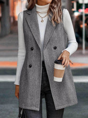 Herringbone double-breasted vest in dark gray with a collared neckline and buttoned front.