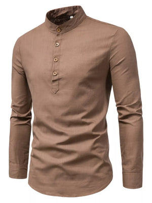 Men's Plus Size Casual Mandarin Collar Shirt in Coffee, fit detail