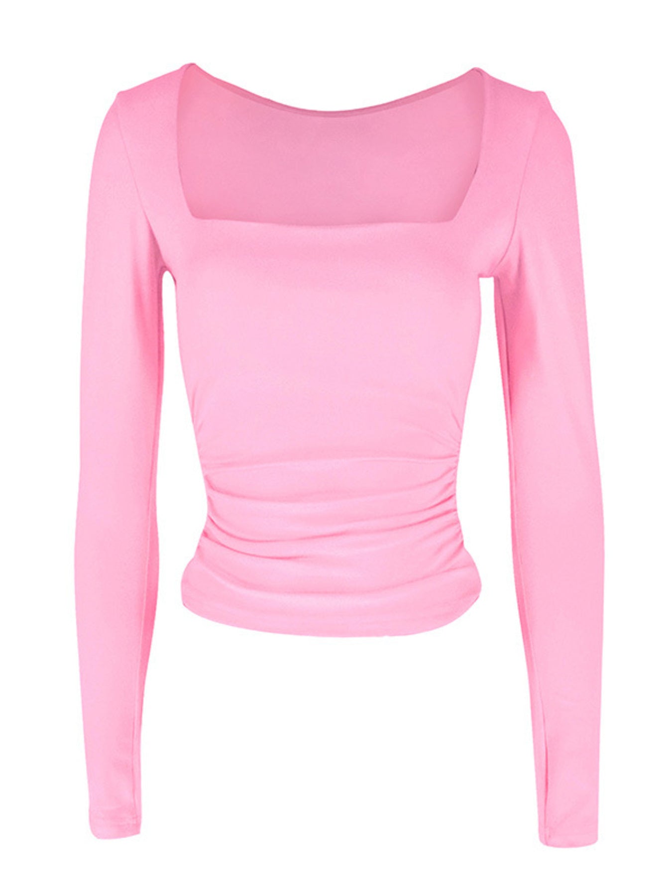 Pink long sleeve t-shirt with square neckline and ruched side detail