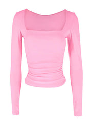Pink long sleeve t-shirt with square neckline and ruched side detail