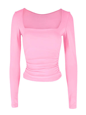 Pink long sleeve t-shirt with square neckline and ruched side detail