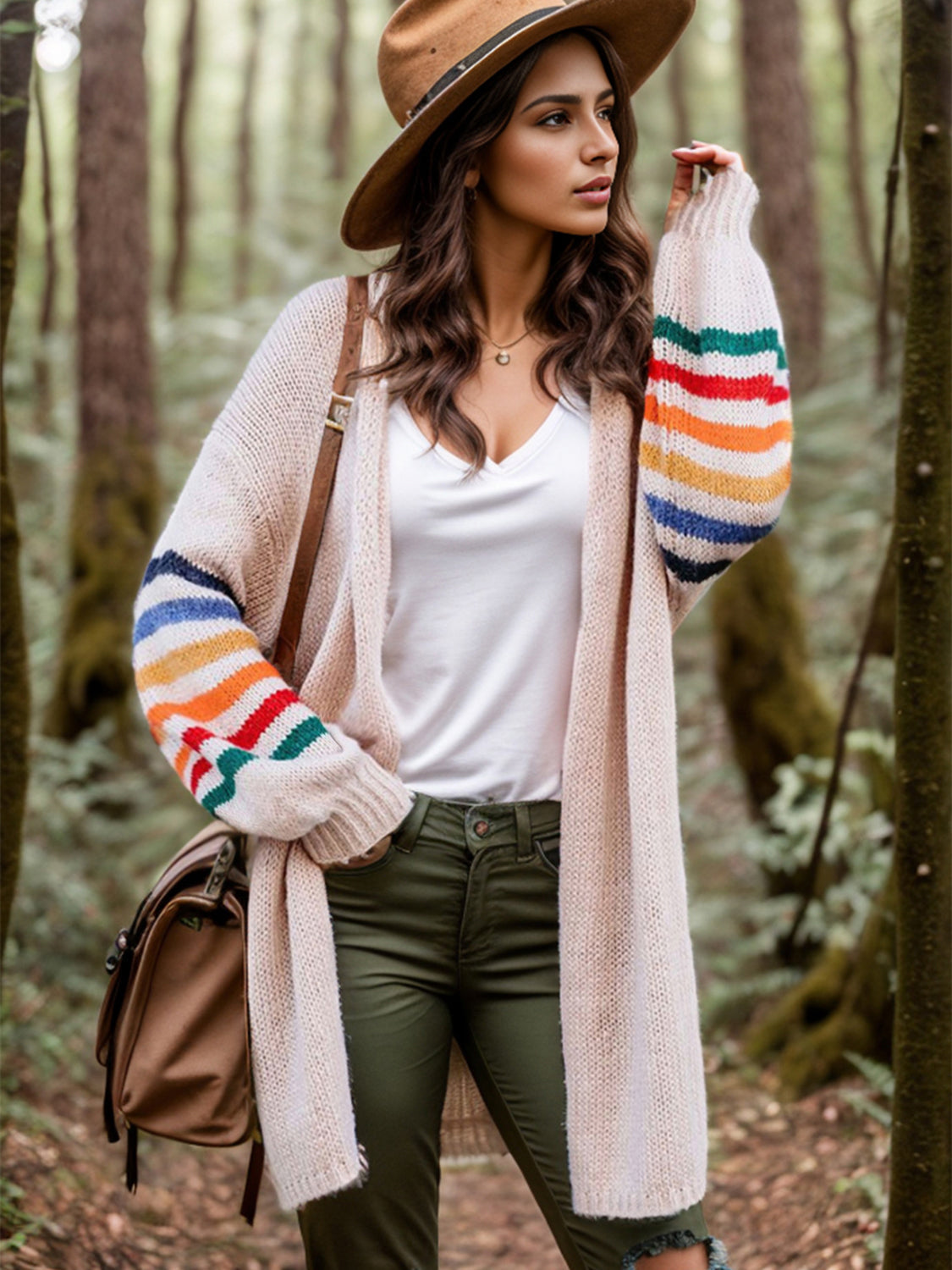 Beige knit duster cardigan with rainbow striped sleeves, open front, long length