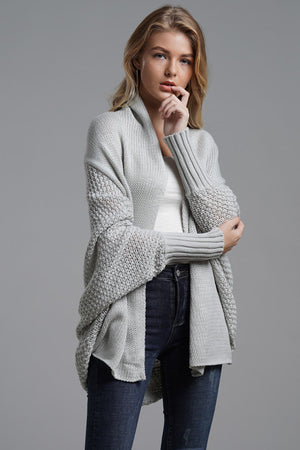 Light Gray Cocoon Knit Sleeve Cardigan with textured sleeves and open front.