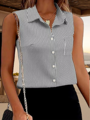 Sleeveless button-up blouse with black and white stripes and a pocket.