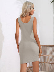 Light Gray ribbed tank bodycon midi dress with scoop neck.