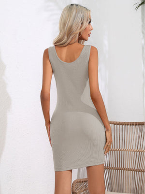 Light Gray ribbed tank bodycon midi dress with scoop neck.