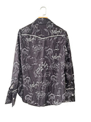 Black long sleeve button up shirt with rodeo print, roses, cacti and yeehaw text.